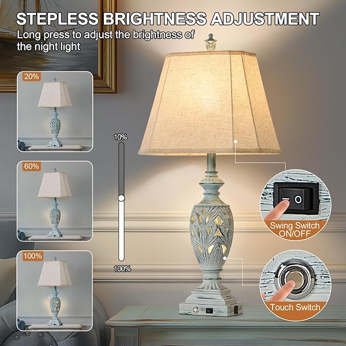 29.5"H Touch Control Traditional Table Lamp Set of 2,Vintage Bedside Lamp Nightstand Lamps with Dual USB Ports,3-Way Dimmable Hollow Out Leafwork Blue Washed Finish Desk Lamps for Living Room,Bedroom