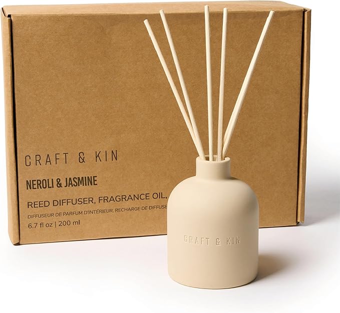 Craft & Kin Reed Diffuser for Home & Bathroom – Neroli & Jasmine Reed Diffuser Set with Fragrance Sticks, Long-Lasting Alcohol-Free Scent, Fall Earthenware Collection, 6.7oz