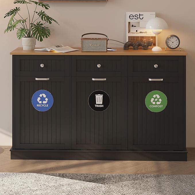 30 Gallon Tilt Out Trash Cabinet, Wooden Kitchen Trash Can Cabinet with Hideaway Drawer, Freestanding Laundry Hamper Garbage Recycling Cabinet on Wheels, Pet Proof, Triple, Black