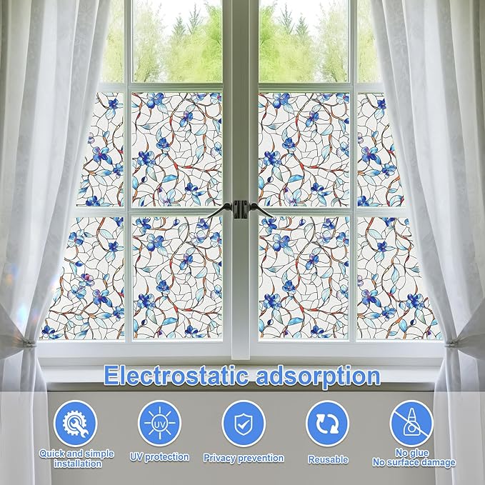 Window Privacy Film Stained Glass Decorative Static Clings Frosted Window Tint for Home Room Decor Bathroom Door Car Stickers with Glittering Effect, Removable(Blue Violet Botanical)