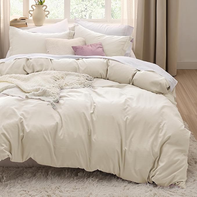 Bedsure Oat Milk Duvet Cover Full Size - 3 Pieces Prewashed Extra Soft Cotton-Like Bedding Set, Includes 1 Duvet Cover 80x90 Inches with Zipper Closure & 2 Pillow Shams, Comforter Not Included