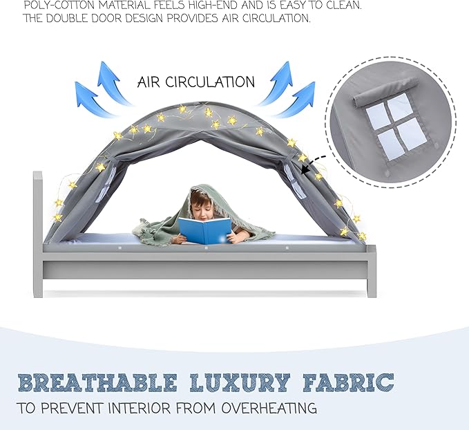 Gray Twin Bed Tent for Kids Indoor Fort - Magical Dream Tents for Boys Pop Up Toddler Bed Canopy for Girls Bunk Bed Tent for Top Bunk - Sensory Sleep Pod for Kids Educational