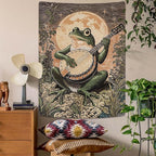Lunerfex Moonlit Banjo Frog Wall Tapestry, Whimsical Amphibian Musician Tapestries for Room Decor, Folk Art Tapestry 60L x 80W