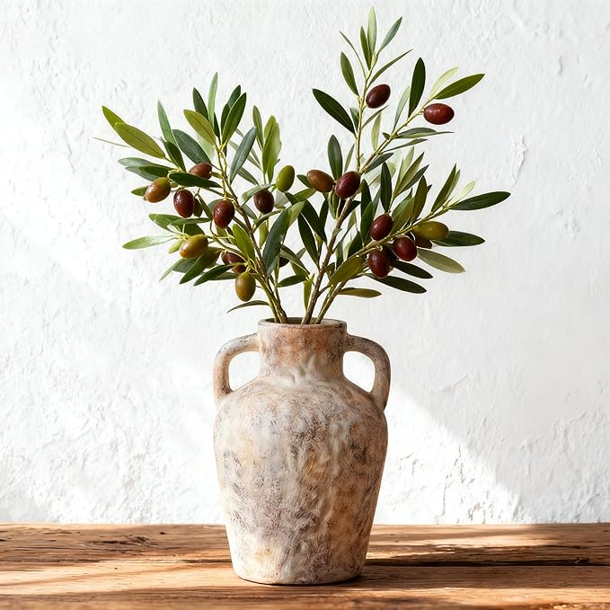 Vintage Wabi Sabi Ceramic Vase – Farmhouse Flower Vase with Handle, Rustic Decorative Pot for Entryway, Shelf, Floral Arrangement, Boho Home Decor