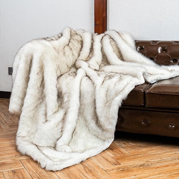 BATTILO HOME Luxury White Faux Fur Throw Blanket Long Pile with Black Tips, 51"x67", Super Warm Thick Faux Fur Blanket for Couch, Bed, Fuzzy Fluffy Elegant Cozy Blanket