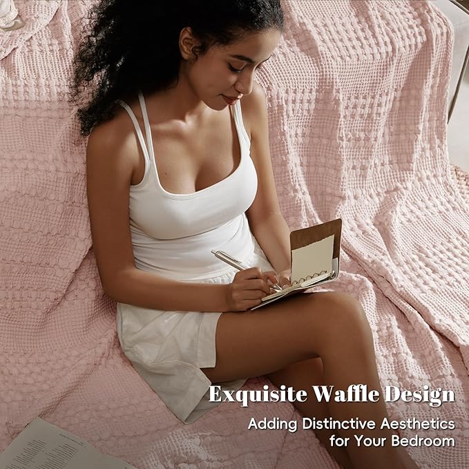 PHF 100% Cotton Waffle Weave Blanket King Size, Soft Lightweight Breathable Cozy Summer Blankets for Bed, Luxury Aesthetic Woven Bedding for Home Decor, 108"x90", Pink/Mauve