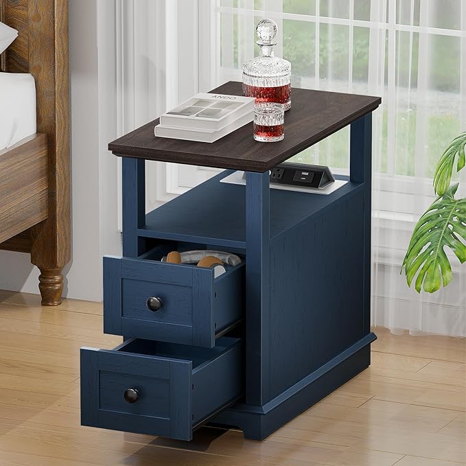 HIFYOBRO Narrow End Table with Flip Top Charging Station Set of 2, Side Table with 2 Drawers, Type-C & USB Port & Power outlets, Wooden Storage End Table for Living Room, Bedroom