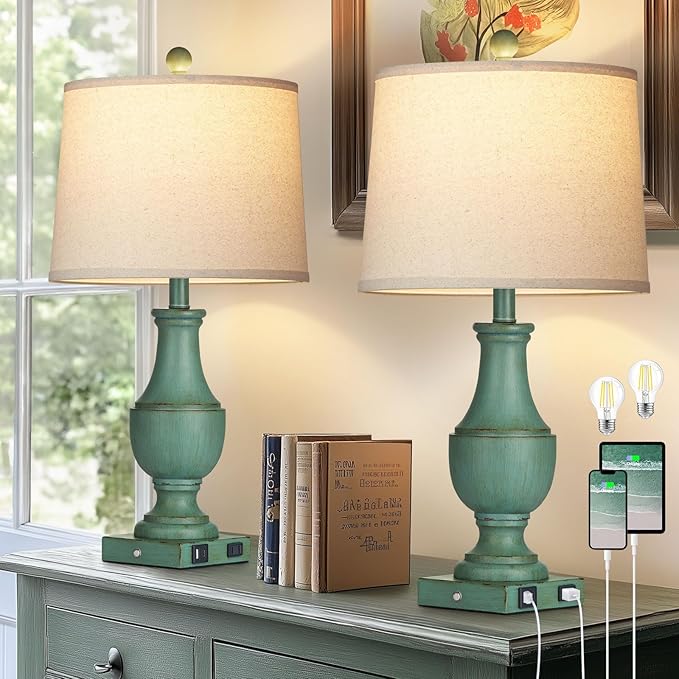 Farmhouse Table Lamp Set of 2, Rustic Touch Control 3-Way Dimmable Lamps with USB A+C Charging Ports & AC Outlet, Vintage Retro Antique Bedside Lamp for Living Room Bedrooms Nightstand Green