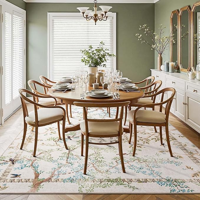 jinchan Botanical Birds 6x9 Ivory Area Rugs for Living Room Washable Non Slip Soft Nature Plants Modern Kids Carpet Vintage Ultra Thin Low Pile Indoor Rug for Bedroom Dining Room Nursery Playroom