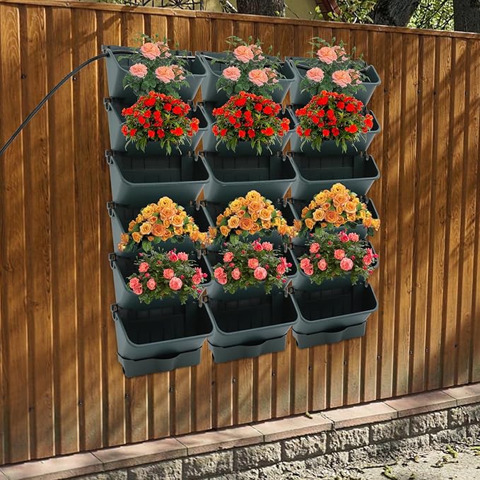 Self-Watering Wall-Mounted Planter, Vertical Garden Planter Set with 18 Pots, Stackable Plant Grow Pots with Electronic Timer for Growing Veggies, Fruits, Herbs, Flowers.