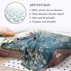 Snycler Boho Throw Blanket for Bed - 100% Cotton Ultra Soft Rustic Quilt Blanket Green Floral Bird Printed Farmhouse Decor Bed Blankets, 60"×80" All Season Rustic Throw for Sofa Chair Couch
