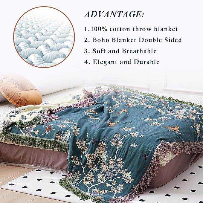 Snycler Boho Throw Blanket for Bed - 100% Cotton Ultra Soft Rustic Quilt Blanket Green Floral Bird Printed Farmhouse Decor Bed Blankets, 80"×90" All Season Rustic Throw for Sofa Chair Couch