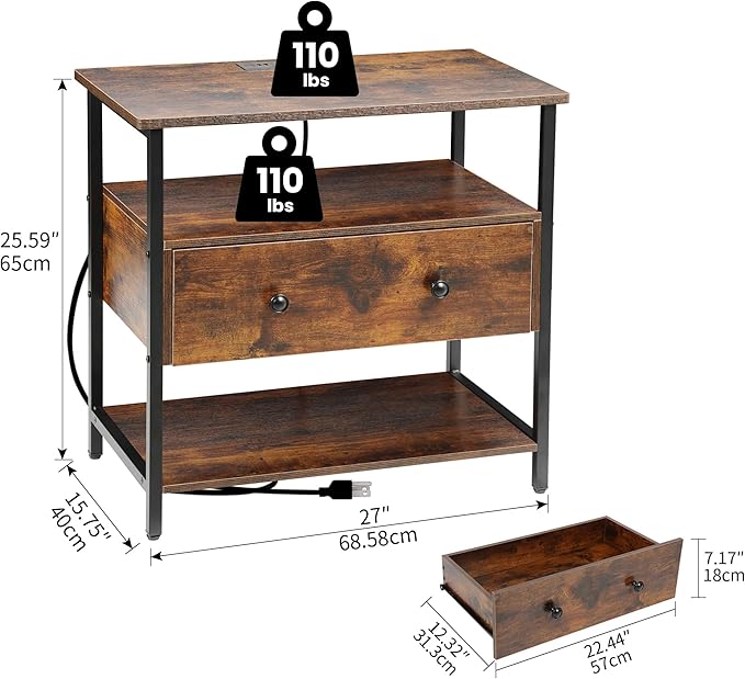 27 Inch Wide Night Stand with Charging Station, Wood Nightstand with Open Shelf, Large Drawer Bedside Table for Living Room/Bedroom/Office (Retro Brown)