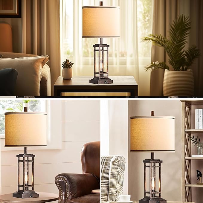 ROTTOGOON 27.5 Tall Farmhouse Table Lamp with USB C + USB A Charge Ports, Rustic Living Room Lamp, Black Industrial End Table Lamp for Bedroom Living Room Nightstand (Bronze)