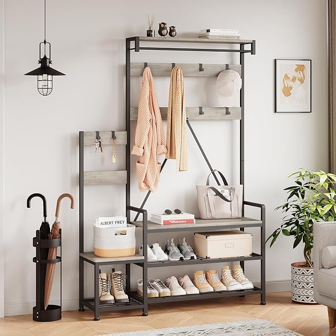 IDEALHOUSE Hall Tree with Bench and Shoe Storage Parent-Child Coat Rack Shoe Bench Industrial Coat Tree Entryway Large Organizer with Shoe Rack, Storage Cubbies, Hooks, and Top Shelf