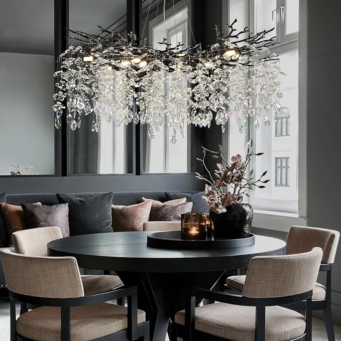 Modern Black Crystal Tree Branch Chandelier,14-Light 40" Black K9 Crystal Chandeliers for Living Room, Round Chandelier for Dining Room,High Ceiling,Kitchen Island,Foyer,Staircase