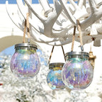 Cooo 2 Pack Solar Lantern Outdoor Waterproof Iridescent Crackle Glass with 215% Larger Solar Panel, Stainless Steel Lid – Rainbow Glass Hanging Light with Cool White LED for Garden Patio Table