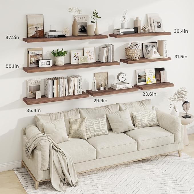 Fun Memories 40" Rustic Wood Floating Shelves with Invisible Brackets for Storage & Decor, Deep Wall Mounted Shelves for Bathroom, Kitchen, Living Room (Walnut, Set of 2)