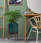 D'vine Dev Ceramic Planter with Walnut Color Stand - 8 Inch Modern Round Flower Pot with Wood Planter Holder, Teal, 55-B-Y-4