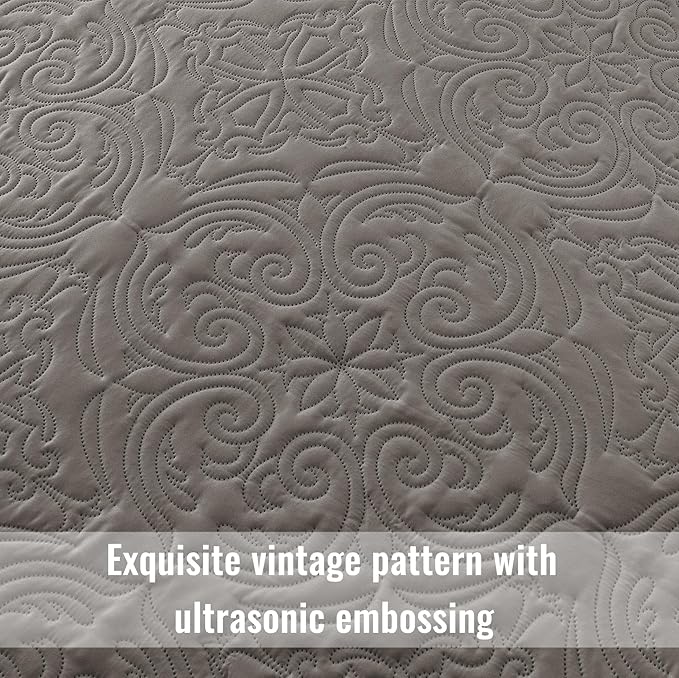 Exclusivo Mezcla Quilts Queen Size Bedding Set with 2 Pillow Shams, Lightweight Grey Full Queen Quilt Bedspread with Vintage Damask Pattern, Soft Bedspreads Coverlets for All Seasons