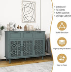 Sideboard Buffet Cabinet with Storage - Accent Storage Cabinet with Carved Pattern, Modern 3 Door 3 Drawer Cabinet, Farmhouse Wood Credenza for Living Room, Dining Room (Green)