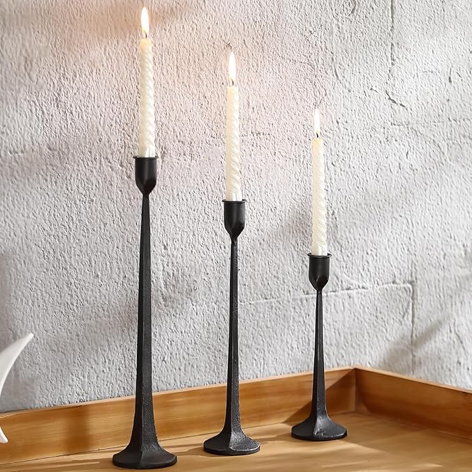 Black Taper Candle Holders Set of 3, Heavy Candlesticks Holders Decorative Candle Stand for Table Centerpiece, Cast Iron Candle Stick Holder Decor