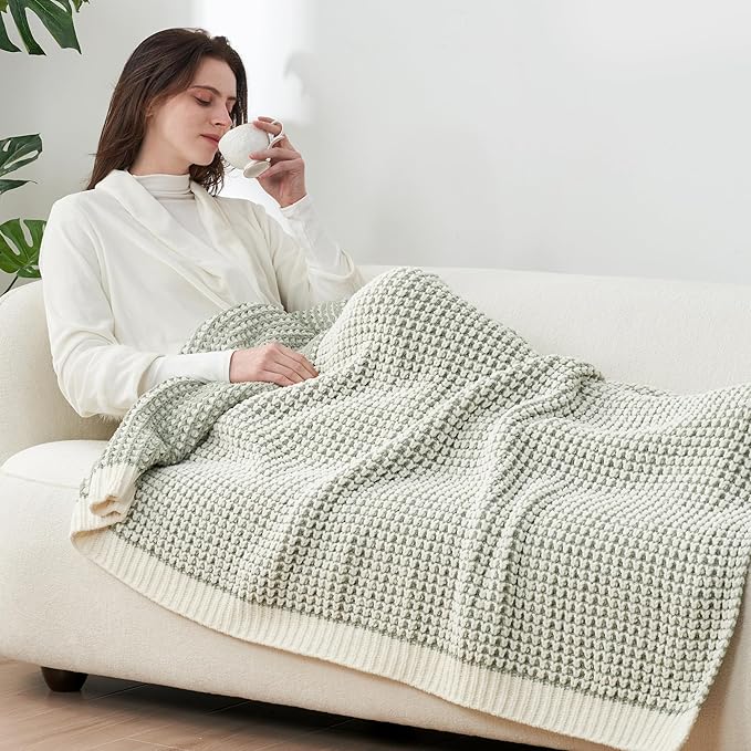 Amélie Home Chenille Waffle Throw Blanket for Couch, Reversible Pineapple Stitch Knit Soft Cozy Knit Blanket Lightweight Warm Decorative Throw for Sofa, Bed, Living Room, 50"x60", Sage Green&Ivory