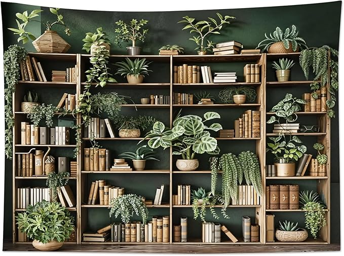 HVEST Green Plant Bookshelf Tapestry Book on Bookshelf and Plant Potted Tapestry Wall Hanging Reading Wall Tapestries for Study Room Bedroom Living Room College Dorm Decor, 51L x 59W Inches
