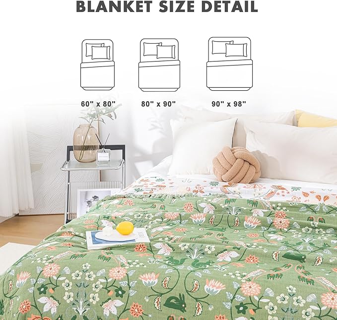 MSGKV Cotton Bed Blanket for Couch and Sofa Blankets for Living Room Bedroom Reversable Florals and Animals Throw 80"x90" Breathable Cozy Boho Blankets