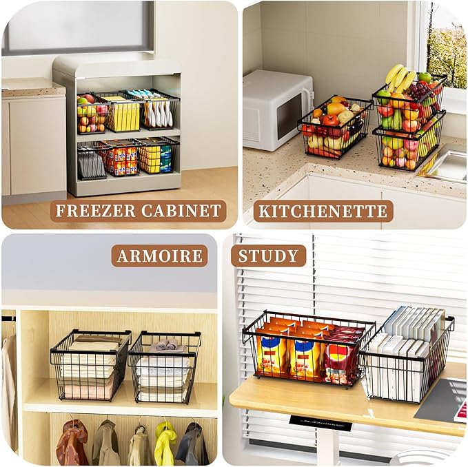 6 Pack Stackable Deep Freezer Organizer Bins ，Upgraded Bottom Leak-Proof net，Encryption and Hardening ， Freezer Organizer Bins for 5 to 9 Cu.FT Small Chest Freezer， Easy Get Bottom Foods