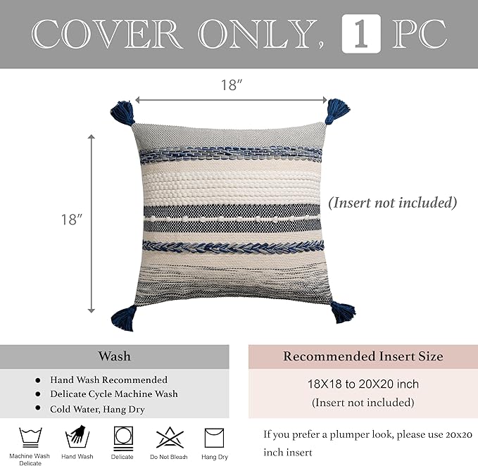 BlissBlush Navy Dark Blue Decorative Throw Pillow Cover 18x18 Square Boho Accent Pillowcase Tassels Farmhouse Cushion for Couch Sofa Bedroom Living Room Home Décor Cover ONLY