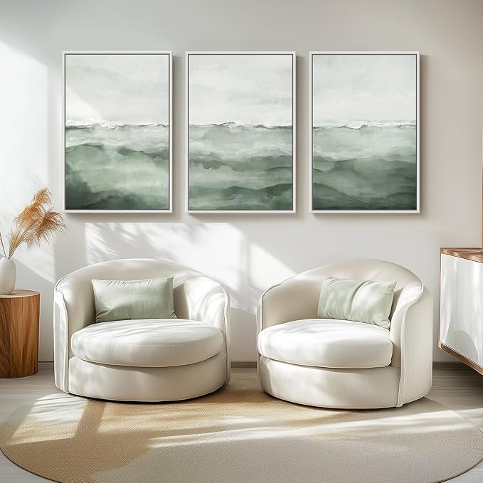 Large Framed Sage Green Abstract Landscape Wall Art for Living Room, 3 Piece Modern Canvas Prints Paintings Artwork for Walls, Minimalist Abstract Pictures for Hallway, Office Wall Decor 24x36 In