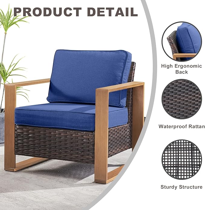 Wicker Outdoor Patio Chairs Set of 2, Rattan Patio Furniture Chairs with Sturdy Frame,All-Weather PE Wicker,Wide Armrest,Deep Seating and Thick Cushions for Deck Porch Garden(Brown/Blue)