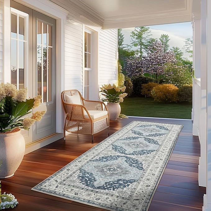 Topllen Runner Rug - 2'x6' Boho Washable Kitchen Rug, Non-Slip Soft Low Pile Rugs Indoor for Entrance Living Room Bedroom Bathroom,Vintage Throw Hallway Carpet Stain Resistance (Blue, 2x6ft)