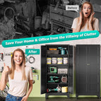 Metal Storages Cabinet with 2 Doors and 5 Shelves,Tall Storage Cabinet,Large Cupboard Closet,Pantry Storage Cabinet for Home,Office,Bathroom,Dining/Living Room (Black, 71" H)