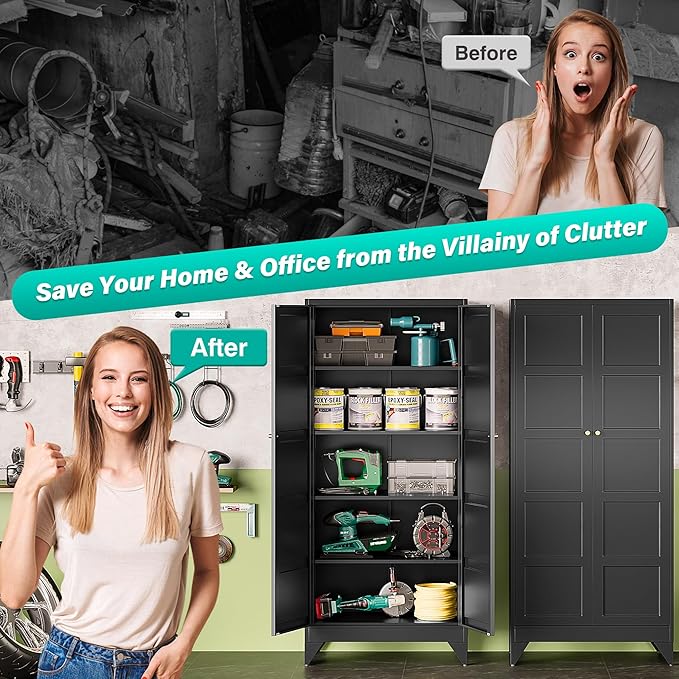 Metal Storages Cabinet with 2 Doors and 5 Shelves,Tall Storage Cabinet,Large Cupboard Closet,Pantry Storage Cabinet for Home,Office,Bathroom,Dining/Living Room (Black, 71" H)