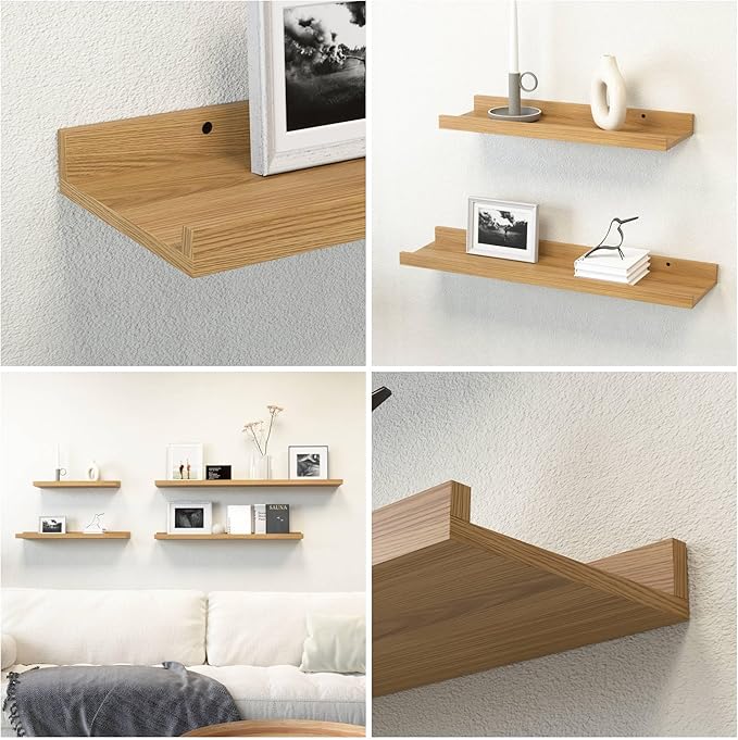 23.6 Inches Long Floating Shelves Wall Mounted, 2 Set Modern Wall Shelf for Bedroom, Nursery Book Shelf with Lip, Picture Ledge Shelf for Wall Decor Living Room Bathroom Kitchen- Oak