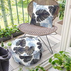 Inflatable Ottoman Stool D21 xH9 for Outdoor/Indoor Use, Water Repellent Patio Foot Rest Stool with Portable Handle,Round Pouf Ottoman Suitable for Garden,Deck and Camping - Monstera Blue