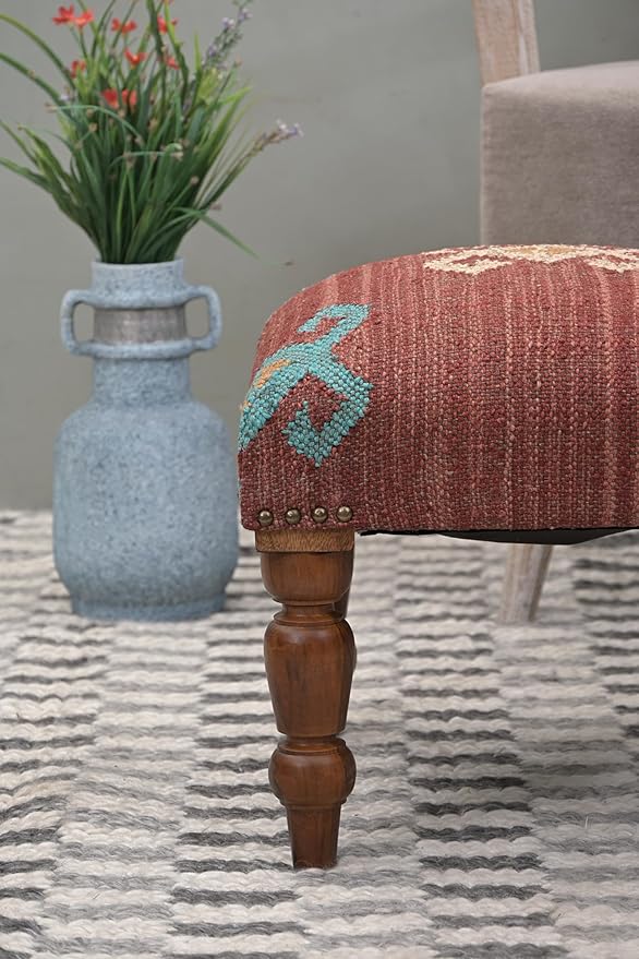 Handmade Jute Soft Ottomans Square Shape Stool for Sitting and Foot Rest with Wooden Legs, Entryway Modern Stool for Living Room, Bedroom, Hall (Red, L 15.74 x W 15.74 x H 14 inch)