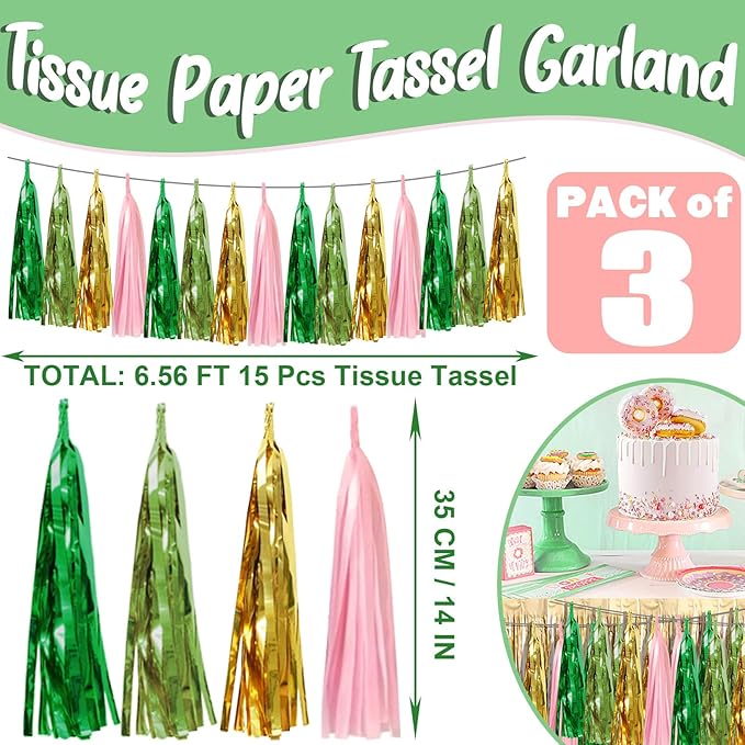3P Sage-Green Pink-Gold Foil Fringe Metallic Tassel Garland, Tassels Banner Streamers for Parade Floats, Bachelorette, Wedding, Birthday, Halloween, Christmas, Bridal/Baby Shower Party Decorations