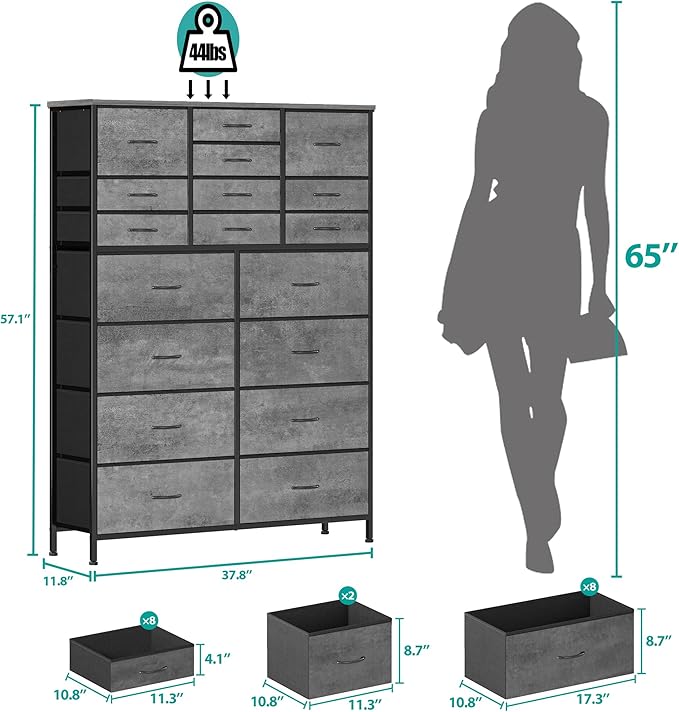 Chest of Drawers for Bedroom, Tall Gray Fabric Dresser with 18 Deep Drawers, Large Clothes Organizer Bin Vertical Storage Cabinet for Closet, Nursery, Office