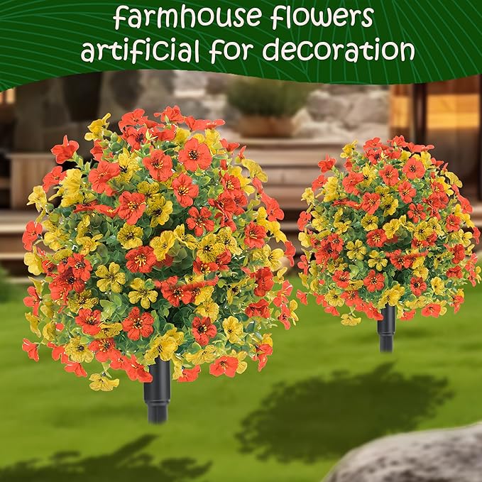 22.8" Set of 2 Fall Artificial Boxwood Topiary Ball with Spikes,UV Resistant Fake Outdoor shrubs with Violet Flowers, Faux Plants Bushes for Garden Front Porch Yard Patio(Yellow+Orange)