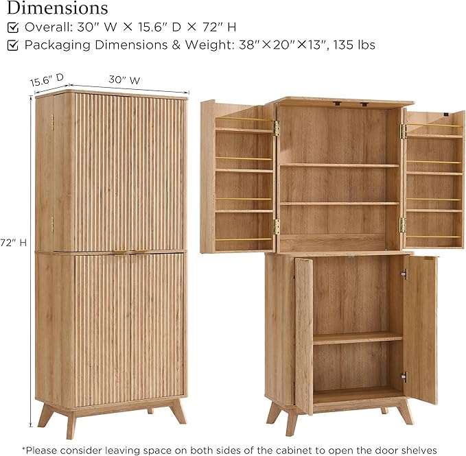 OKD Fluted Kitchen Pantry, 72" Tall Mid Century Modern Storage Cabinet with Adjustable Shelves & Door Organizer, Wood Cabinet for Kitchen, Living Room, Natural Oak