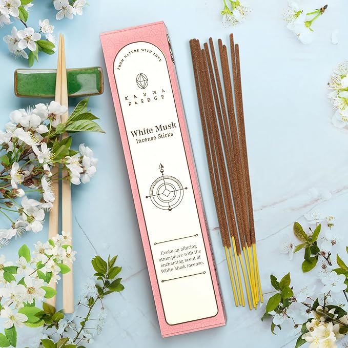 White Musk Incense Sticks, Organic Hand Dipped Incense, Natural Herbs & Aromatic Ingredients, Contain 40 Sticks, Burn Time 45 to 60 Minutes, Spiritual Gifts, Harmonic Incense by Karma Pledge