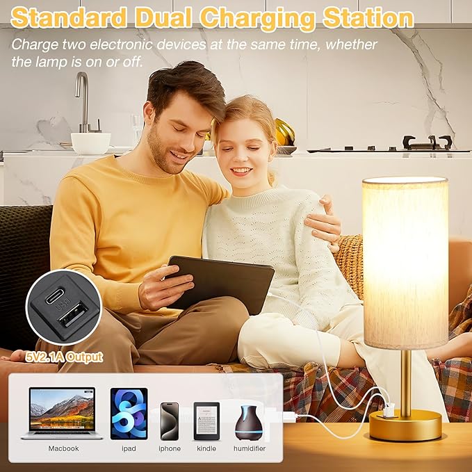 Small Touch Bedside Lamp with USB - 3 Way Dimmable Gold Table Lamp for Bedroom, Nightstand Lamp with Gold Charging Station for Desk Dorm, Office