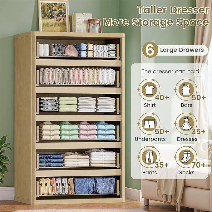 Fluted 6 Drawers Dresser for Bedroom, 56" Tall Modern Chest of Drawers with Curved Profile, Wooden Dressers Drawer Closet Clothes Storage Organizer for Living Room, Hallway, Natural