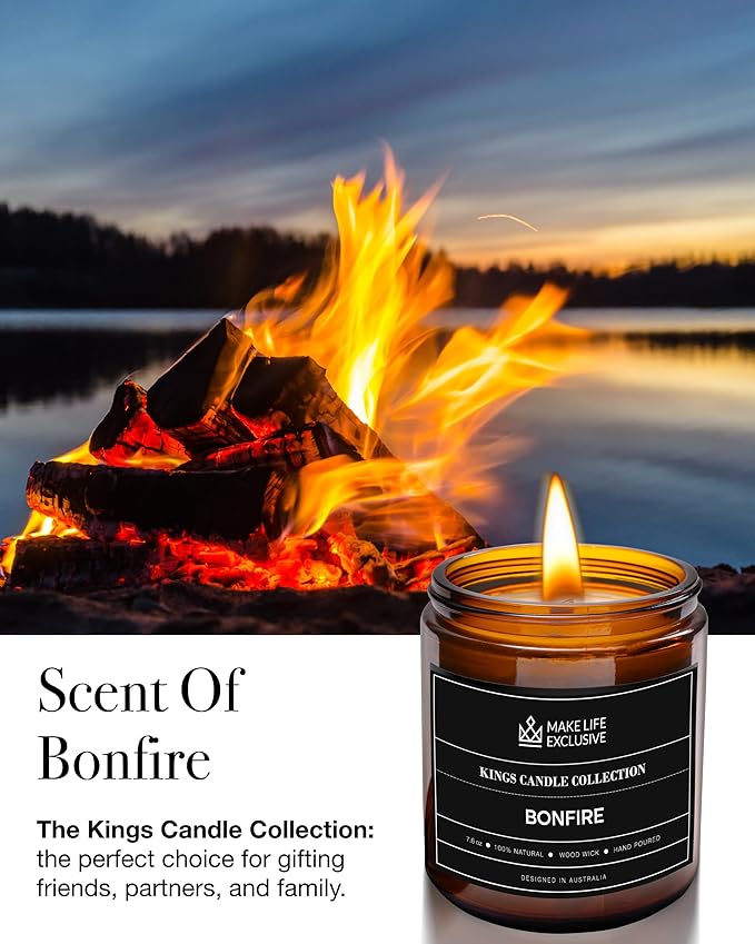 Scented Candles for Men | Bonfire, Mahogany & Teakwood Scented | Wooden Wick, Long Lasting, Masculine Scents | Natural Soy Jar Candle for Home, Bachelor Pad Decor | The Perfect Mens Gift.