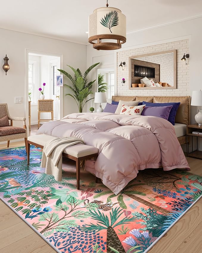 LIVEBOX Washable 6x9 Rug for Living Room, Soft Jungle Animal Print Rugs for Bedroom Aesthetic, Non Slip Purple Boho Rug Botanical Kids Rugs for Bedroom Girls,Stain Resistant Kid Rug for Playroom