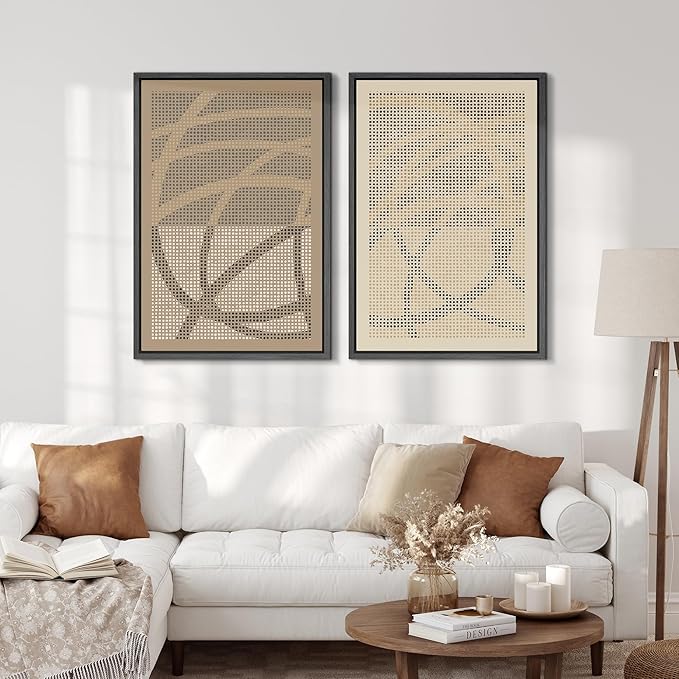 SIGNFORD Framed Canvas Print Wall Art Set Geometric Dot Patterns Earthy Beige and Brown Contrast Illustration Modern Art Decorative Nordic Nature for Living Room, Bedroom, Office - 24"x36"x2 Black