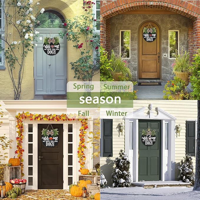Interchangeable Wooden Seasonal Welcome Sign, Rustic Round Dogs Sign Front Door Wreaths for Home/Wall/Porch Decor, for Easter Spring Summer Fall Halloween Christmas All Season Decorations